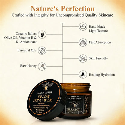Organic Grass-Fed Beef Tallow Balm with Raw Honey - Moisturizing Cream for Soft, Smooth Skin - Handmade All-Natural Moisturizer (2oz, Citrus)